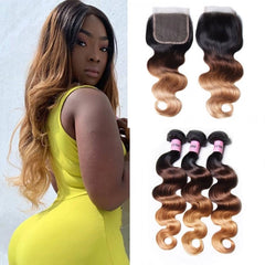Merzy Ombre Color 1B/4/27 Body Wave Sew In 3 Bundles with Closure
