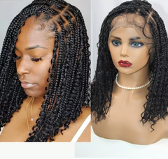 Sani 12" Short Bob Braided Wigs Blonde Color Synthetic Full Lace Wig Goddess Boho Box Braids Wigs Black Burgundy Knotless Curly Hair