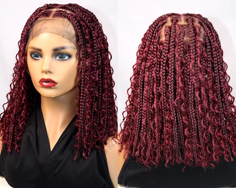 Sani 12" Short Bob Braided Wigs Blonde Color Synthetic Full Lace Wig Goddess Boho Box Braids Wigs Black Burgundy Knotless Curly Hair