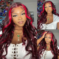 Laura Dark Burgundy With Rose Red Highlights 13x4 Transparent Lace Front Body Wave Wig 200% Density