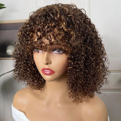 Arlette Glueless Curly Bob Brown Highlights Wig With Curtain Bangs