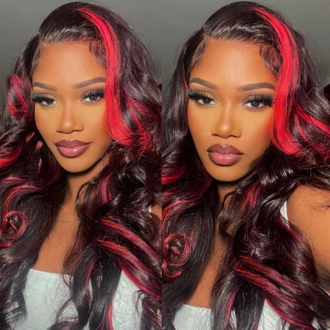 Laura Dark Burgundy With Rose Red Highlights 13x4 Transparent Lace Front Body Wave Wig 200% Density