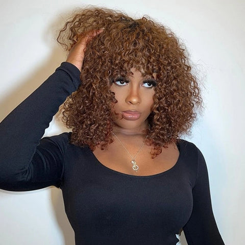 Arlette Glueless Curly Bob Brown Highlights Wig With Curtain Bangs