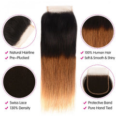 Verani 3 Tones Ombre Straight Human Hair Lace Closure Sew In 1B/4/27 Remy Hair