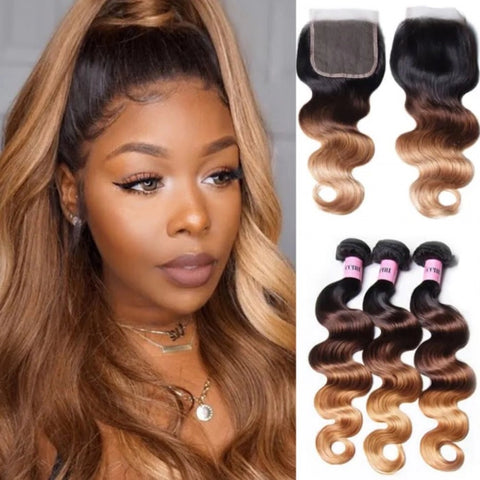 Merzy Ombre Color 1B/4/27 Body Wave Sew In 3 Bundles with Closure