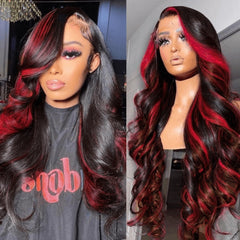 Laura Dark Burgundy With Rose Red Highlights 13x4 Transparent Lace Front Body Wave Wig 200% Density