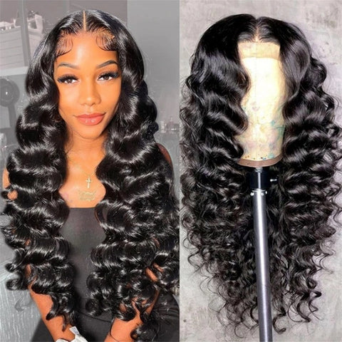 Lucy Loose Deep Wave Natural Black 13x4 Transparent Lace Front Pre Plucked Wig With Baby Hair