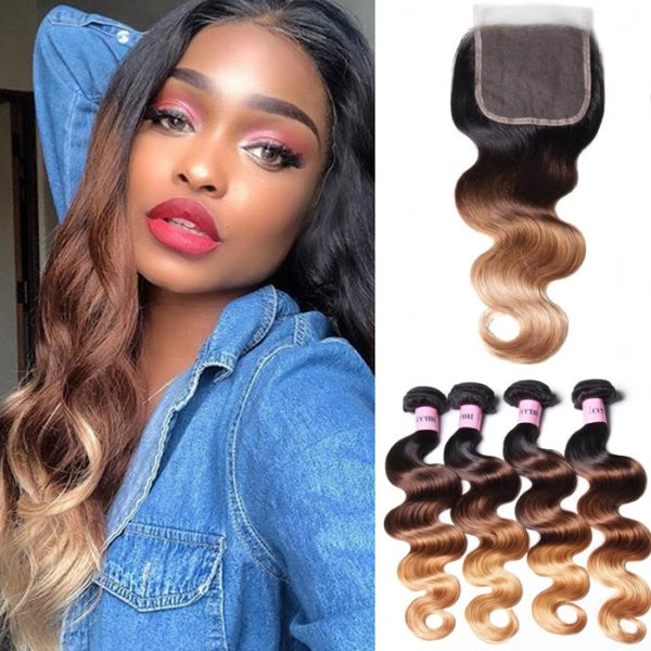 Emi Hair Icenu Series Hair T1B/4/27 Ombre 4 Bundles Body Wave With Free Part Closure Virgin Human Hair Weave