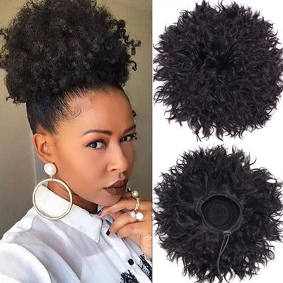 Shop Afro Puff Ponytail kinky human hair extension. Drawstring, natural look, full volume. Easy install ponytail for quick styling.