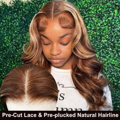 Amie Wear Go 6x4.5 Pre Cut Lace Honey Blonde Highlights Straight Hair Air Wig