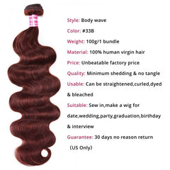 Roselyn Reddish Brown Body Wave 1Pc 100% Remy Human Hair Bundle