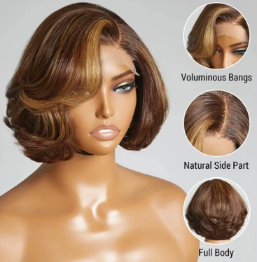 Beathi pre-styled 4/27 Highlight 4x4 Body Wave Glueless Closure 100%Human Hair Frontal Wigs Ombre Brown Mix Blonde Water Wave C Part Short Bob Wig