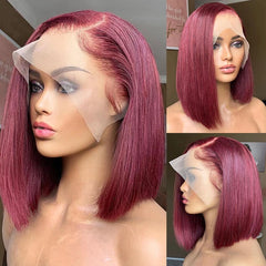 Nina 13x4 Lace Burgundy Short Bob Wig Human Hair Lace Front Wig Brown Straight Short Bob Wigs Color #99J For Woman Bob Wig Human Hair