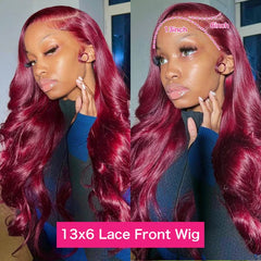 Tora 99J Burgundy 13x6 HD Lace Front Wig Body Wave Red Colored Human Hair Wigs 250% 13x6 HD Transparent Lace Frontal Wig 30 32 34Inch