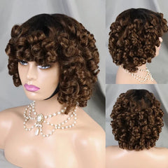 Tobi Machine Made Human hair Wigs 200% Human Hair Wig 4/30 Color Wig Bouncy Curly Short Curly Wigs with Bangs Curly Human Hair Wig