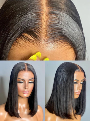 Bume 13x4 Lace Front Human Hair Wig Transparent Lace Frontal Wigs For Black Women Short Bob Wig Glueless Remy Straight Natural Wig