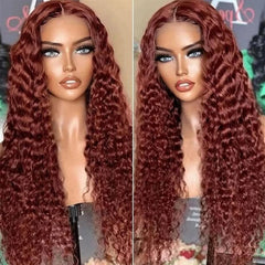 Aisha 13x4 Reddish Brown Deep Wave Frontal Lace Front Human Hair Wigs For Women Deep Curly Human Hair Wig