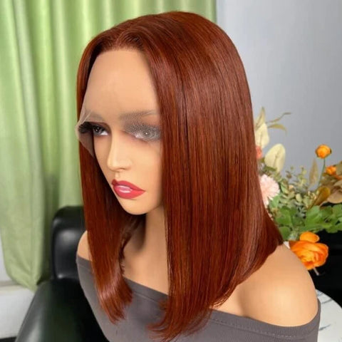 Nafe Brown Color Bob Wig Peruvian Straight Lace Front Human Hair Wigs For Women #33 Reddish Brown 13*6*1 T Lace Part Wig