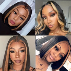 Ami Highlight 13x4 Lace Frontal 1B/27 Colored Pre Plucked Brazilian Straight 100% Human Hair Wigs For Women Ombre Short Bob Wigs