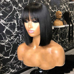 210% Density Straight Bob Wig With Bangs Short Full Machine Made Human Hair Wig Natural Bob Human Hair Wig With Bangs For Women