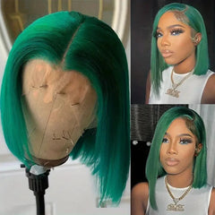 Kaima Dark Green Short Bob Wigs Lace Frontal Human Hair Wigs For Women Pre Plucked Brazilian Colored Straight 13x4 Lace Front Bob Wigs