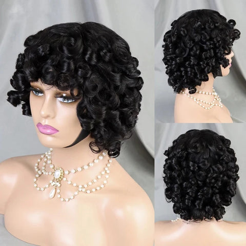 Tobi Machine Made Human hair Wigs 200% Human Hair Wig 4/30 Color Wig Bouncy Curly Short Curly Wigs with Bangs Curly Human Hair Wig