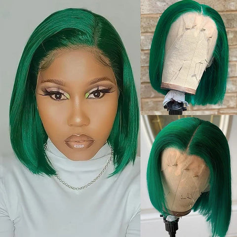 Kaima Dark Green Short Bob Wigs Lace Frontal Human Hair Wigs For Women Pre Plucked Brazilian Colored Straight 13x4 Lace Front Bob Wigs