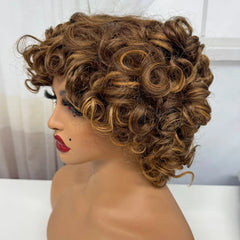 Tobi Machine Made Human hair Wigs 200% Human Hair Wig 4/30 Color Wig Bouncy Curly Short Curly Wigs with Bangs Curly Human Hair Wig