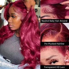 Tora 99J Burgundy 13x6 HD Lace Front Wig Body Wave Red Colored Human Hair Wigs 250% 13x6 HD Transparent Lace Frontal Wig 30 32 34Inch