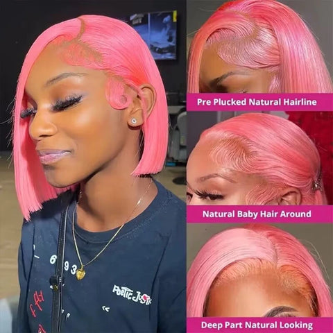 Straight Short Rose Pink Transparent Lace Vietnamese Donor Bob Human Hair Wig.