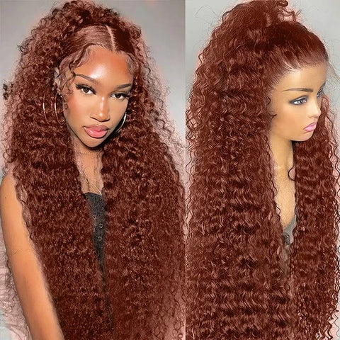 Aisha 13x4 Reddish Brown Deep Wave Frontal Lace Front Human Hair Wigs For Women Deep Curly Human Hair Wig