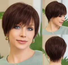 Brown 100% Remy Human Hair Lace Front Wigs with Bangs Pixie Cut Hairs Short Straight Layered Bob Wigs for White Women Human Wig