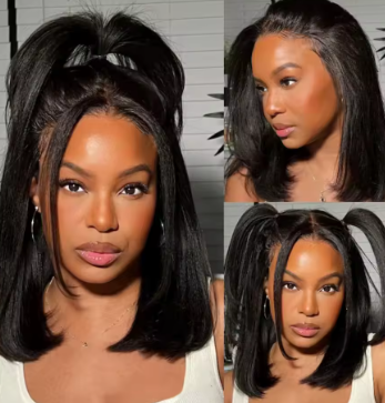Kinky Straight Short Bob Human Hair Wig – 13x4 Transparent Lace Front by Lyno Beauty"