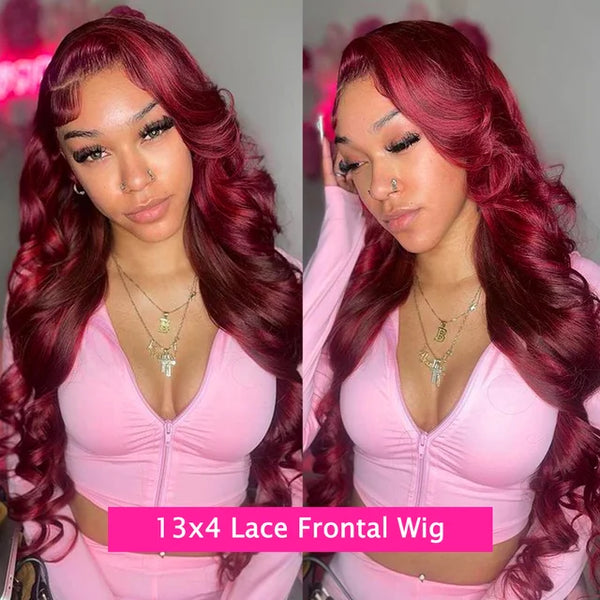 Tora 99J Burgundy 13x6 HD Lace Front Wig Body Wave Red Colored Human Hair Wigs 250% 13x6 HD Transparent Lace Frontal Wig 30 32 34Inch