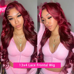 Tora 99J Burgundy 13x6 HD Lace Front Wig Body Wave Red Colored Human Hair Wigs 250% 13x6 HD Transparent Lace Frontal Wig 30 32 34Inch