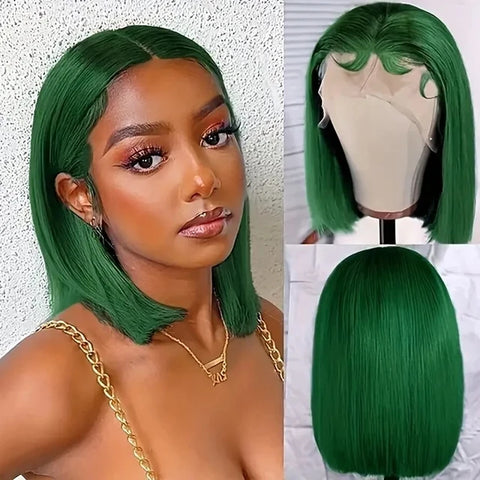 Kaima Dark Green Short Bob Wigs Lace Frontal Human Hair Wigs For Women Pre Plucked Brazilian Colored Straight 13x4 Lace Front Bob Wigs