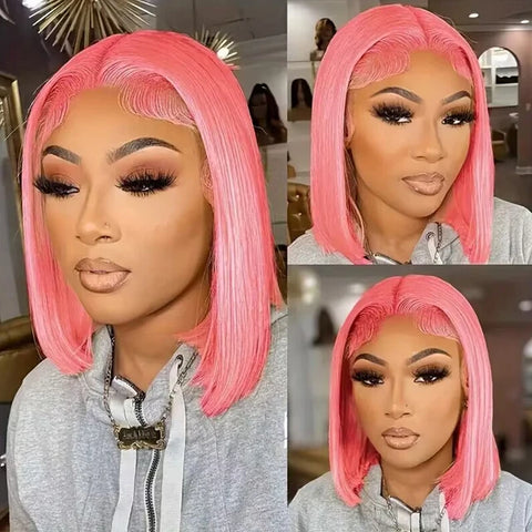 Straight Short Rose Pink Transparent Lace Vietnamese Donor Bob Human Hair Wig.