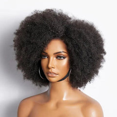 Idali Hair Side Part Afro Curly Glueless Minimalist Lace Wig 100% Human Hair Natural Black Color Bob Wig Human Hair