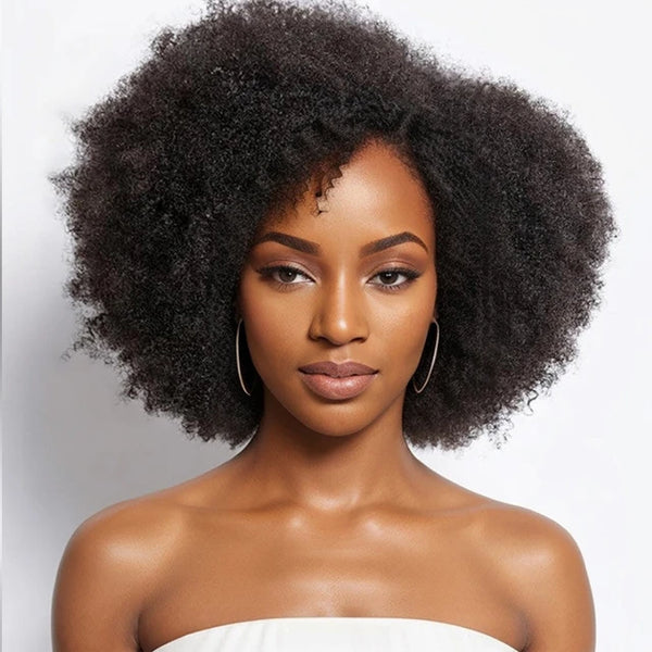 Idali Hair Side Part Afro Curly Glueless Minimalist Lace Wig 100% Human Hair Natural Black Color Bob Wig Human Hair