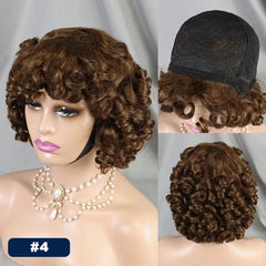 Tobi Machine Made Human hair Wigs 200% Human Hair Wig 4/30 Color Wig Bouncy Curly Short Curly Wigs with Bangs Curly Human Hair Wig