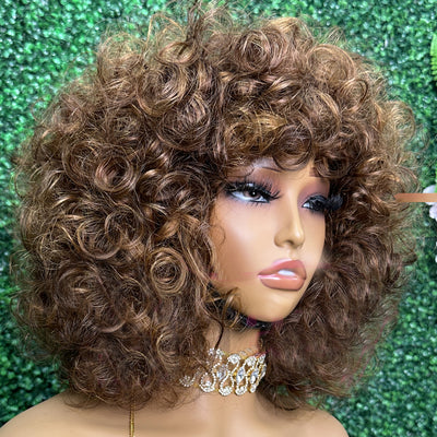100% Raw Indian Human Hair Wigs with Bang 15A Grade Super Double Drawn Short Bouncy Curly Wear and Go Glueless Wigs