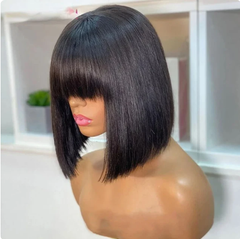 210% Density Straight Bob Wig With Bangs Short Full Machine Made Human Hair Wig Natural Bob Human Hair Wig With Bangs For Women