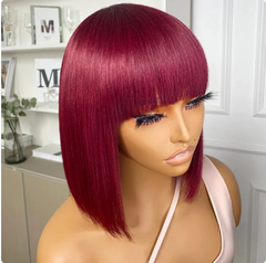 210% Density Straight Bob Wig With Bangs Short Full Machine Made Human Hair Wig Natural Bob Human Hair Wig With Bangs For Women