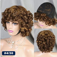 Tobi Machine Made Human hair Wigs 200% Human Hair Wig 4/30 Color Wig Bouncy Curly Short Curly Wigs with Bangs Curly Human Hair Wig