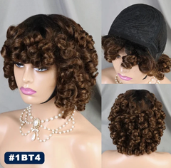 Tobi Machine Made Human hair Wigs 200% Human Hair Wig 4/30 Color Wig Bouncy Curly Short Curly Wigs with Bangs Curly Human Hair Wig