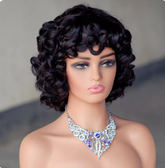 Esy Glueless Bouncy Curly Brazilian Human Hair Wigs With Bangs Machine Made Short Loose Curly Wave Wigs for Women Afro Fringe Wig