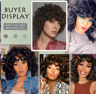 Esy Glueless Bouncy Curly Brazilian Human Hair Wigs With Bangs Machine Made Short Loose Curly Wave Wigs for Women Afro Fringe Wig