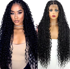 Long 32 Boho Braided Full Lace Front Wigs Synthetic Blonde Curly Goddess Locs Cornrows Wigs Pre Plucked Baby Hair Box Braids Wig