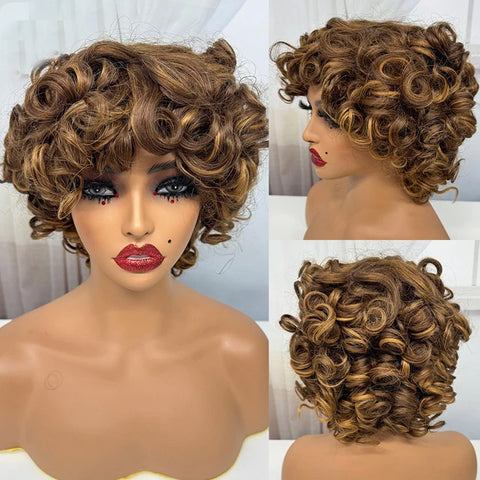 Tobi Machine Made Human hair Wigs 200% Human Hair Wig 4/30 Color Wig Bouncy Curly Short Curly Wigs with Bangs Curly Human Hair Wig