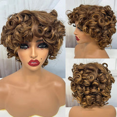 Tobi Machine Made Human hair Wigs 200% Human Hair Wig 4/30 Color Wig Bouncy Curly Short Curly Wigs with Bangs Curly Human Hair Wig